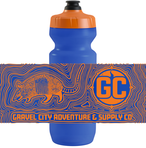 This water bottle was designed for Gravel City Adventure & Supply Co. This project was for my internship for Gravel City. I went with a topographic map with the GC logo and the armadillo. They got printed in white on a burgundy bottle.